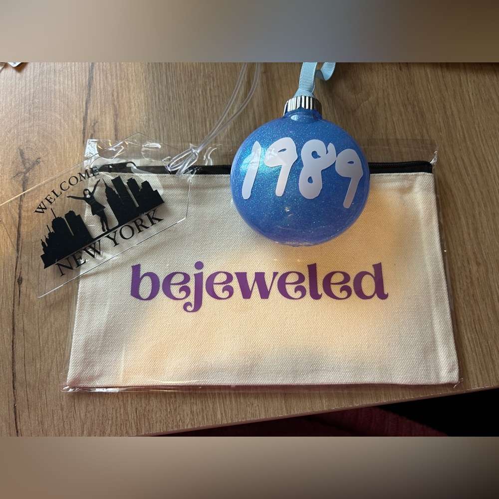 Taylor Swift Inspired Bejeweled Pouch with Blue Ornament and NY tag